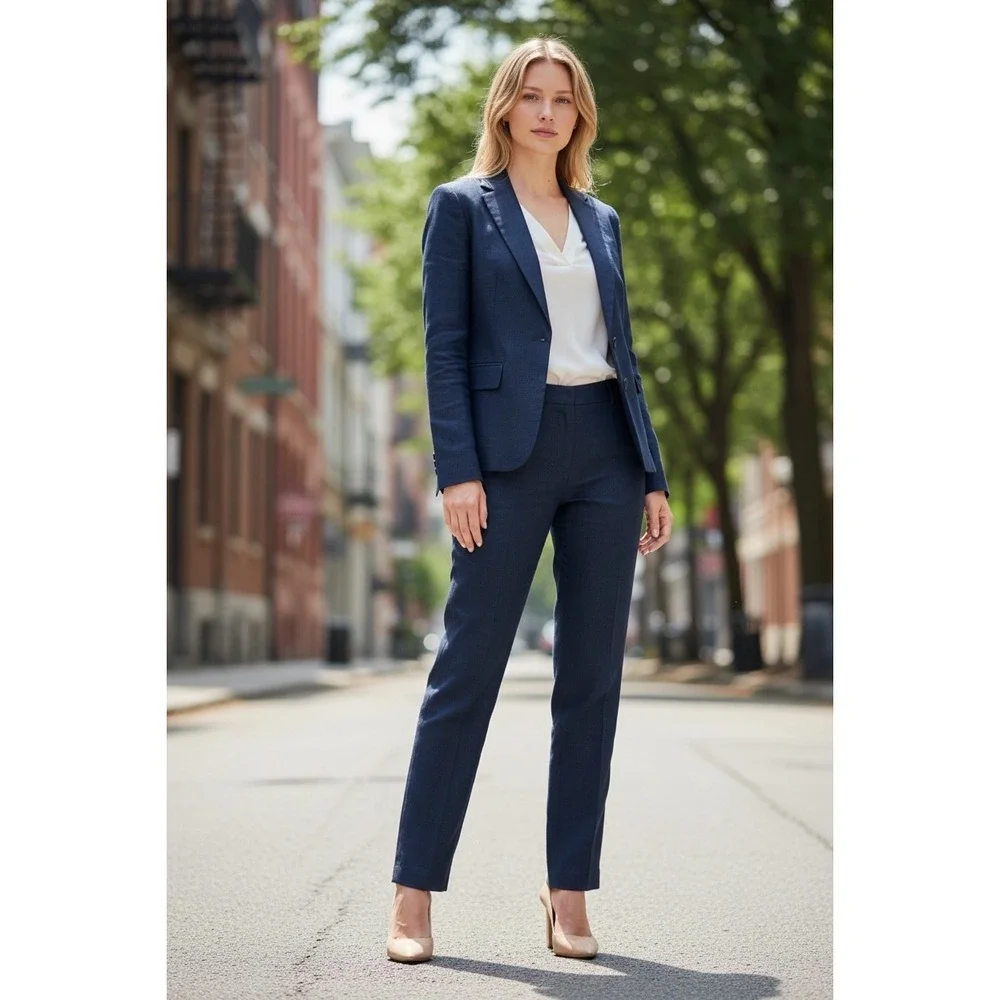 Lauren Ralph Lauren Pant Suit Women 10 Navy Blue Linen Blend Blazer Trousers